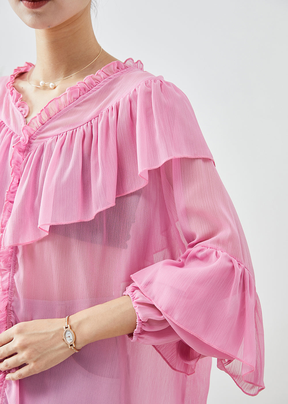 Pink Oversized Patchwork Ruffles Chiffon Top Fall