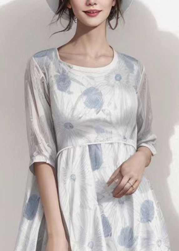 French Light Grey Print Patchwork Silk Maxi Dress Summer