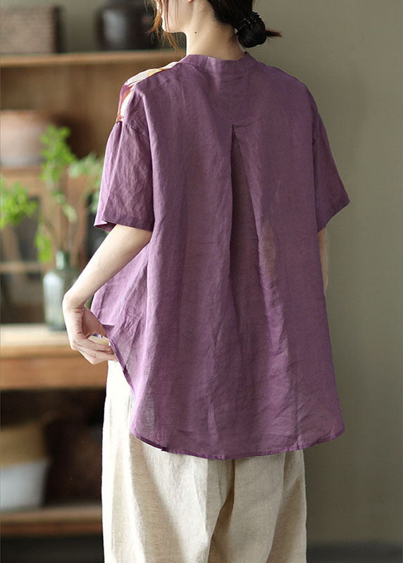Diy Purple Button Patchwork Fall Half Sleeve Top