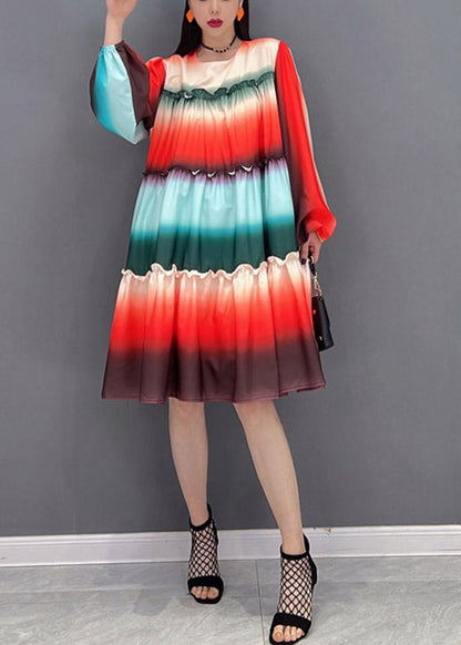 Gradient Color O-neck Ruffled Patchwork a Line Dresses Long Sleeve