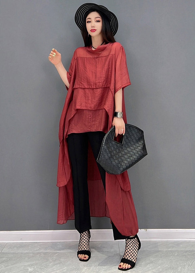Red O-neck Asymmetrical Patchwork Dresses Short Sleeve