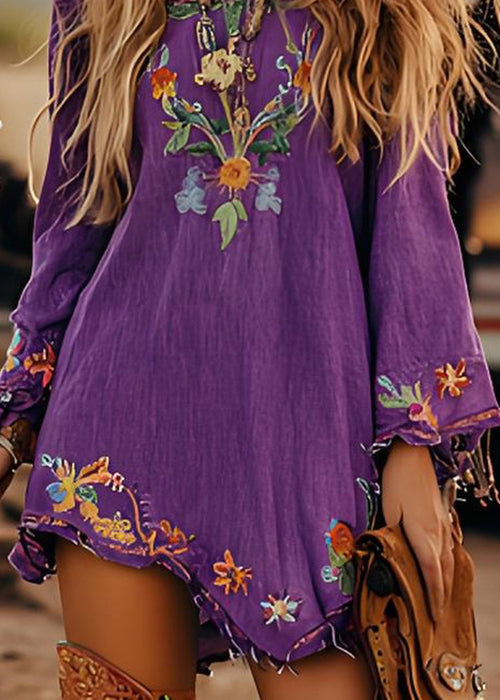 Purple Print Cotton Mid Dresses Long Sleeve