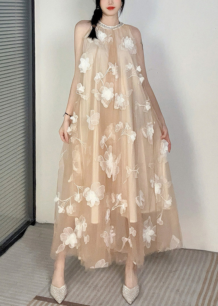 Apricot O-neck Cold Shoulder Tulle Dress Sleeveless