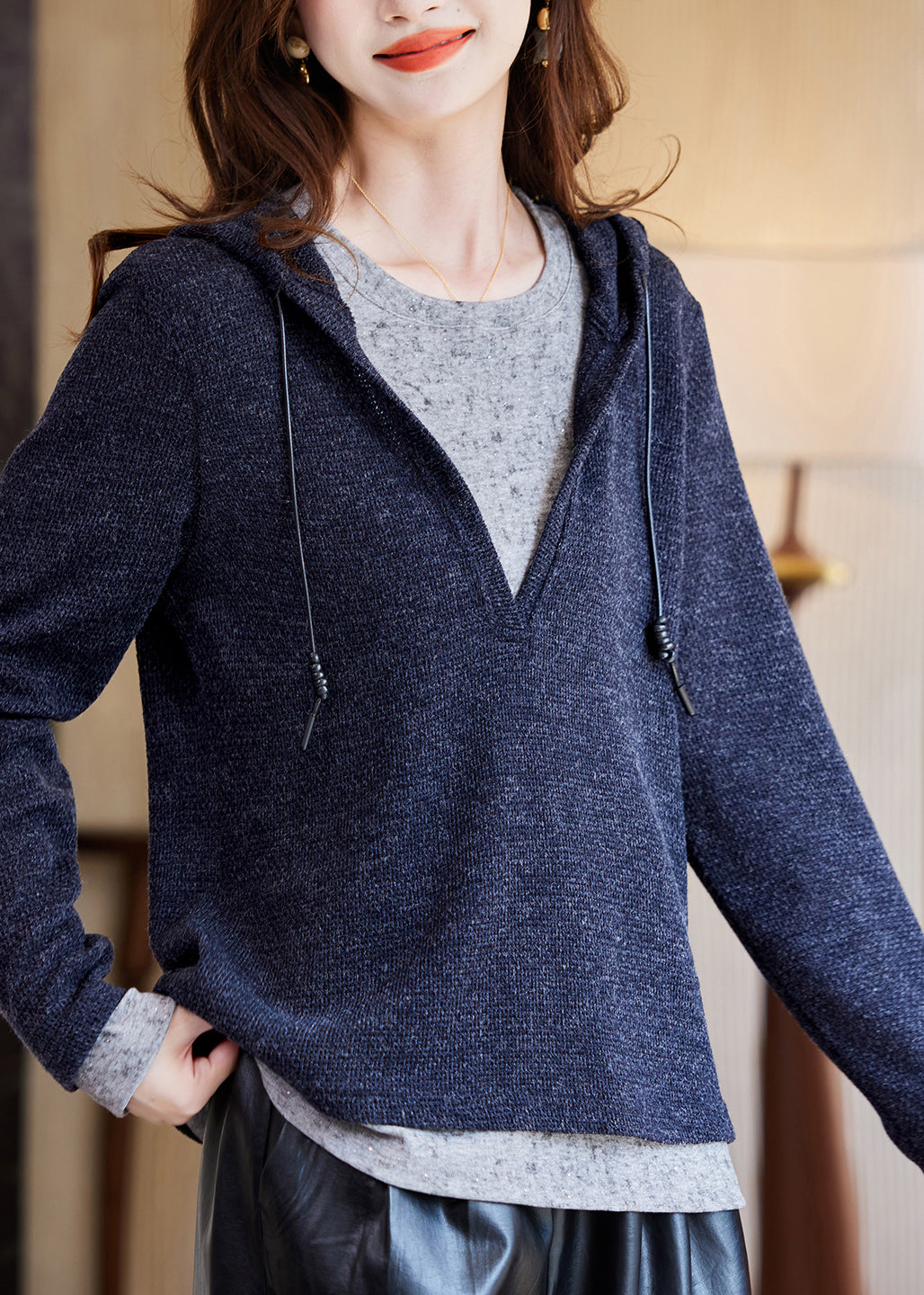 Brief Navy Blue Drawstring Patchwork Knit Cotton Hooded Top Fall