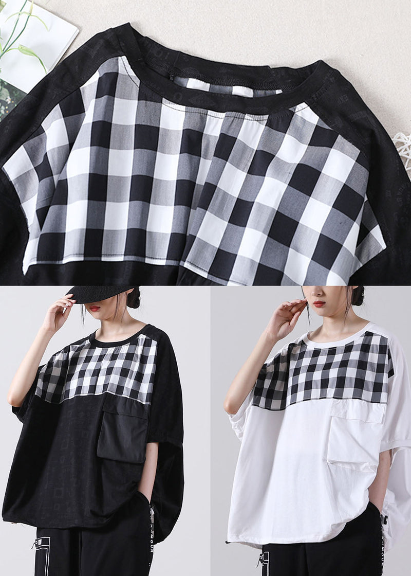 White Patchwork Cotton Shirt Top O-neck Asymmetrical Short Sleeve
