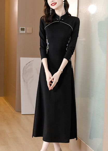 Slim Fit Black Stand Collar Embroideried Patchwork Maxi Dress Fall