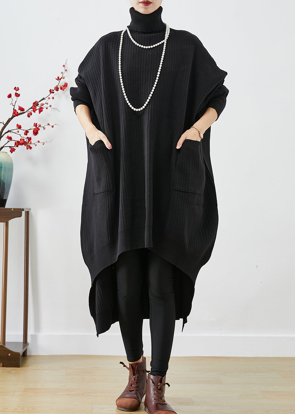Modern Black Oversized Low High Design Knit Sweater Dress Batwing Sleeve Winter