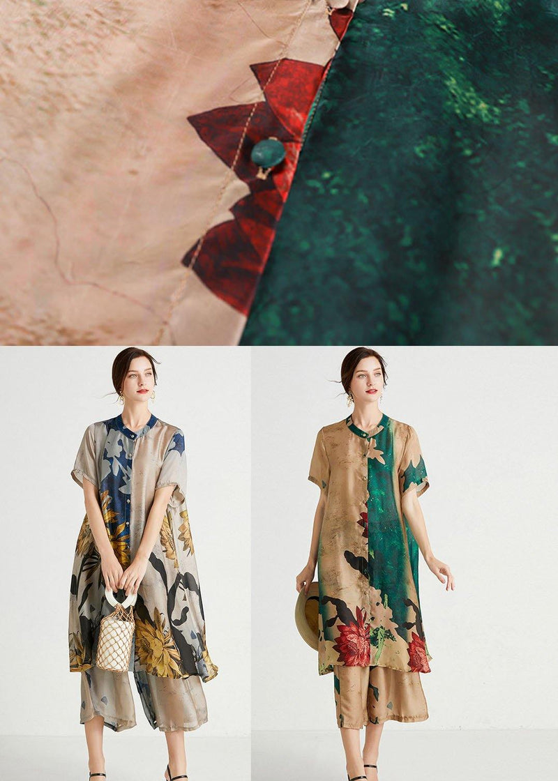 Apricot Green Stand Button Summer Two Pieces Set Short Sleeve