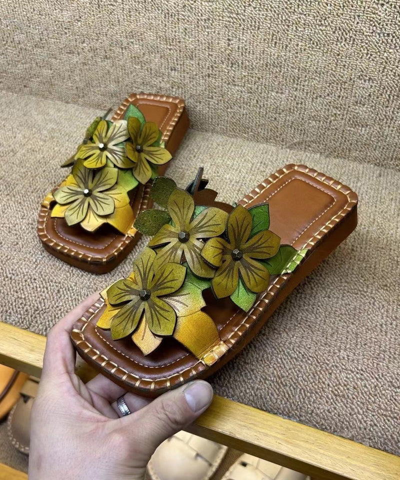 Handmade Cowhide Leather Yellow Green Slide Sandals