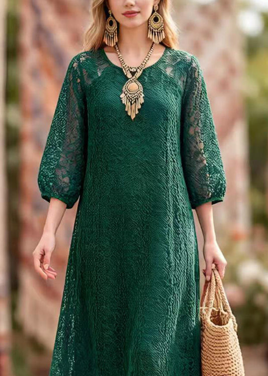Blackish Green O Neck Hollow Out Lace Dresses Summer