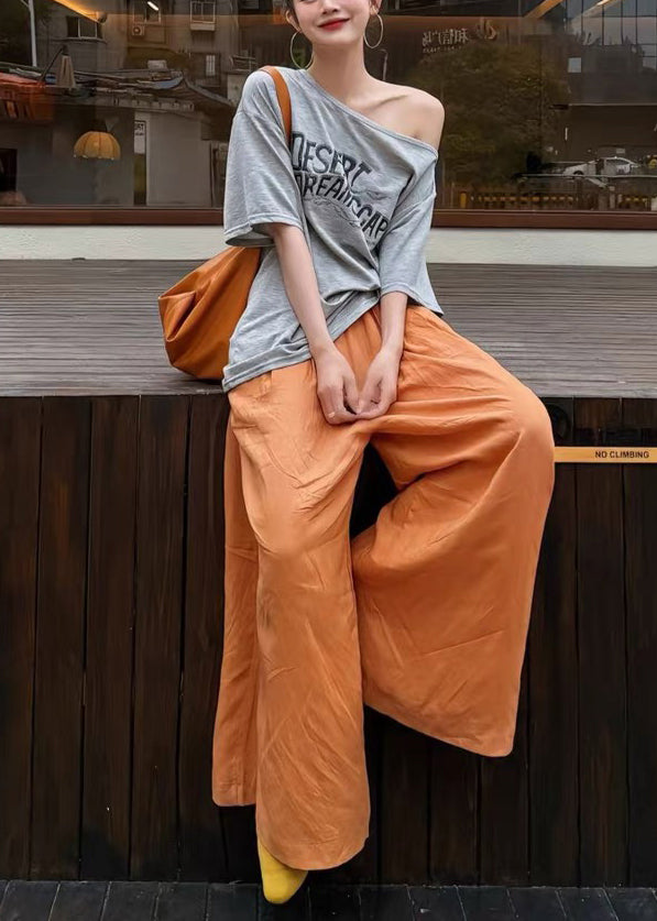 Grey Oversized Print Cotton Tank and Wide Leg Pant Two Pieces Set Fall