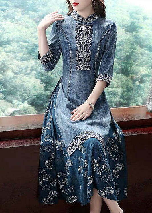 Blue Stand Collar Side Open Embroideried Patchwork Denim Dress Three Quarter Sleeve