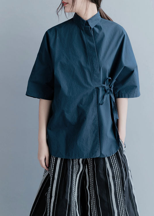 Art Navy Asymmetrical Tie Waist Cotton Shirt Top Half Sleeve