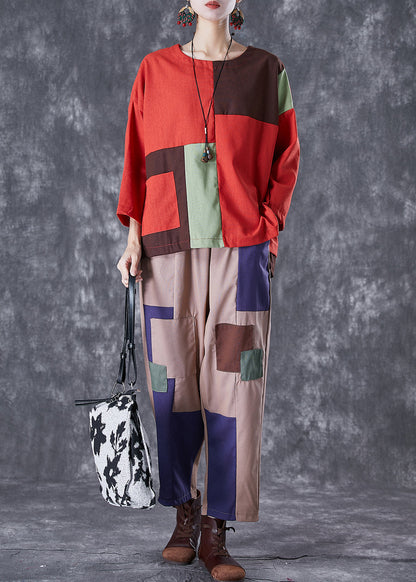 Red Oversized Patchwork Cotton Two Piece Set Clothing Fall