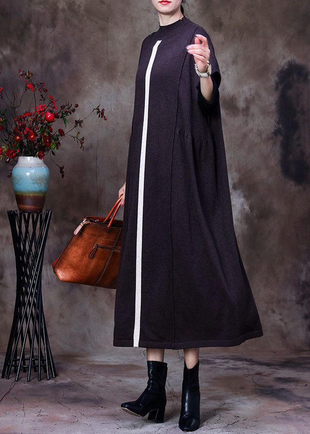Diy Chocolate Wool Knit Patchwork Fall Bat Wing Sleeve Dresses