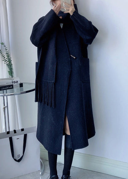 White V Neck Pockets Scarf Woolen Coat Winter