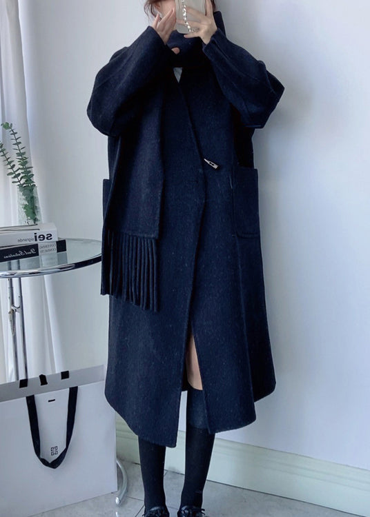 White V Neck Pockets Scarf Woolen Coat Winter
