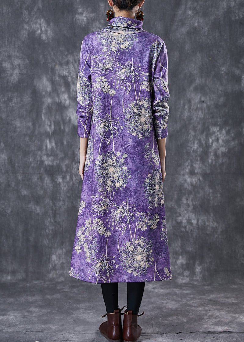 Purple Turtle Neck Print Warm Fleece Party Dress Winter