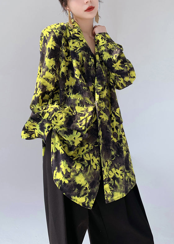 Yellow Peter Pan Collar Print Cotton Shirts Long Sleeve