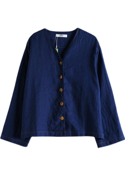 Navy V Neck Button Fall Long Sleeve Coat