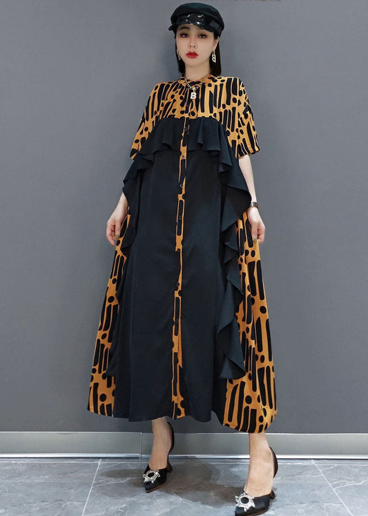 Yellow Button Ruffled Patchwork Chiffon Long Dress Spring