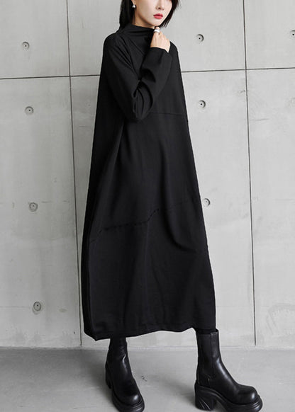 Black Asymmetrical Turtleneck Dress Long Sleeve