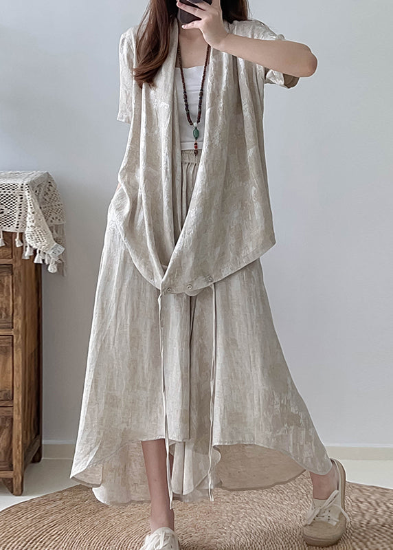 Beige Asymmetrical Jacquard Cotton Two Pieces Set Fall