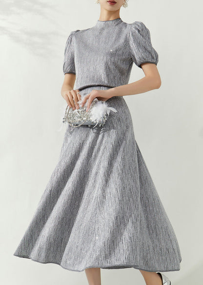 Grey Turtleneck Top and Maxi Skirts Two Pieces Set Puff Sleeve