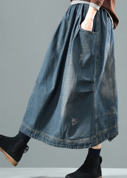 Blue Elastic Waist Pockets Patchwork Fall Denim Skirt