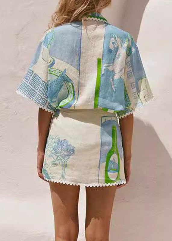 Beige Peter Pan Collar Tie Waist Shirts and Skirts Two Pieces Set Short Sleeve