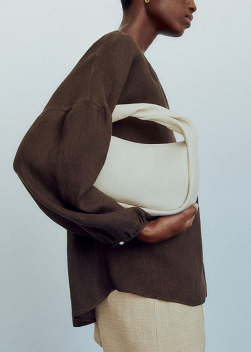 Chocolate V Neck Patchwork Low High Design Shirts Lantern Sleeve