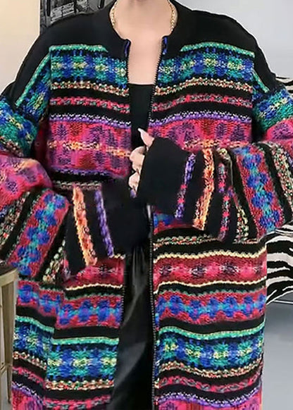 New Rainbow O-neck Zip Up Patchwork Knit Cardigans Fall
