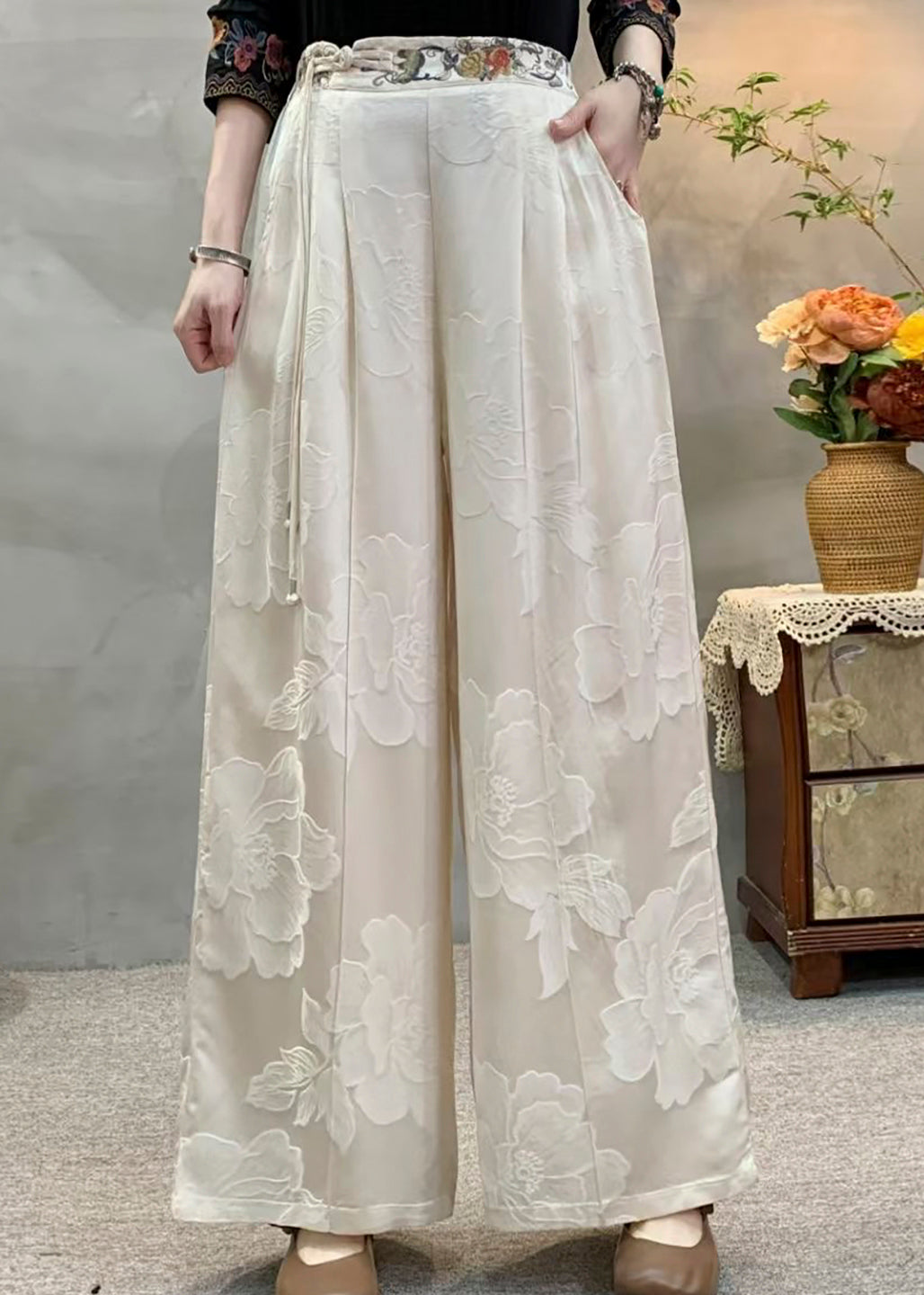 Yellow Tassel Embroidered Pockets Silk Pants Fall