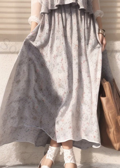 Apricot Print False Two Pieces Cotton Maxi Dresses Long Sleeve