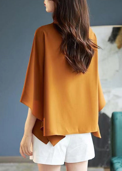 Simple Coffee O-neck Asymmetrical Chiffon T Shirts Summer