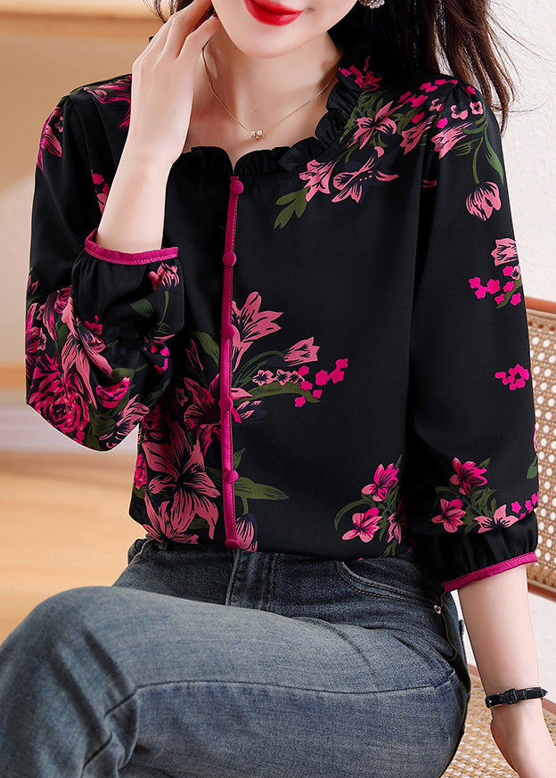 Black Ruffled Print Chiffon Top Long Sleeve