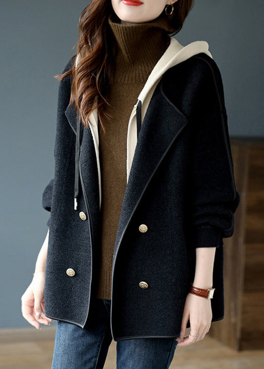 Black False Two Pieces Patchwork Woolen Hooded Coat Winter