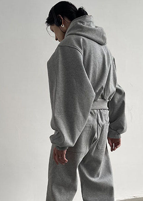 Grey Hooded Patchwork Zippered Cotton Fake Two Piece Coats Spring