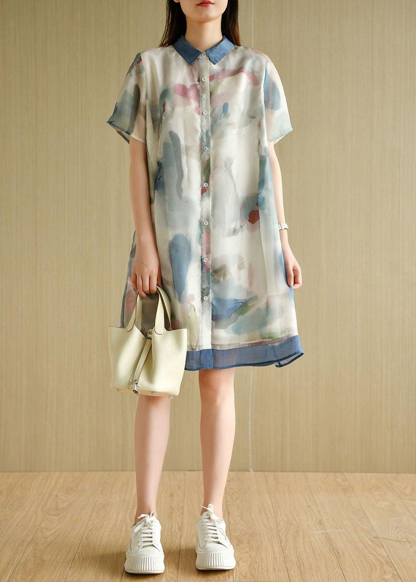 Light Green Button Print Summer Vacation Dress Short Sleeve