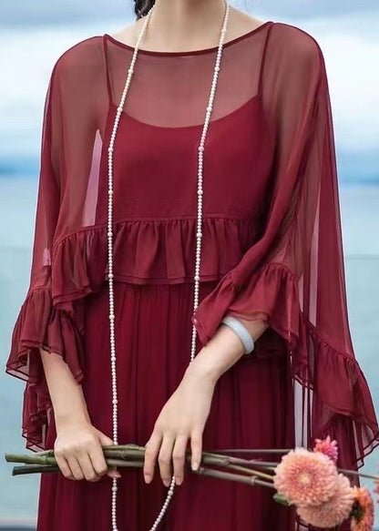 Loose Mulberry O-neck Ruffled Patchwork Chiffon Cape Long Sleeve