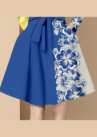 Classy Blue Tie Waist Peter Pan Collar Print Silk Dresses Long Sleeve