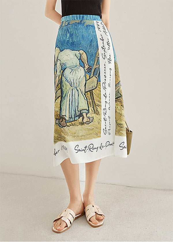 Italian Colorblock Print Silk a Line Skirts Summer