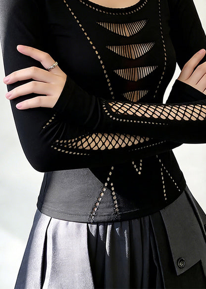 Modern Black O-neck Hollow Out Cotton Shirts Spring