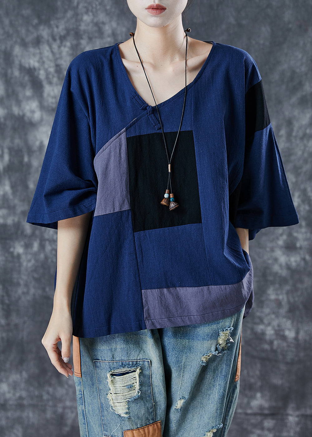 Navy Asymmetrical Patchwork Linen Tank Summer