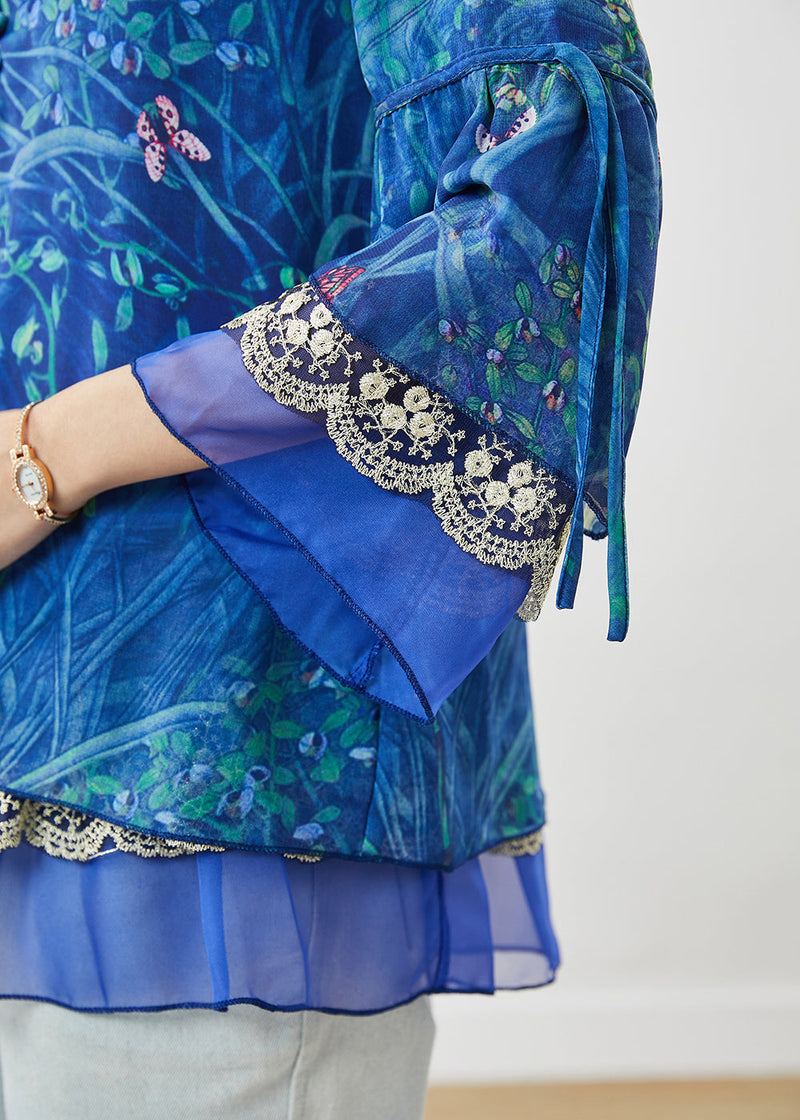Blue Print Patchwork Chiffon Shirt Spring