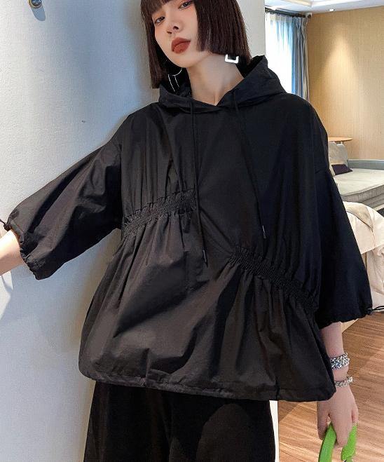 Unique Black Hooded Cinched Half Sleeve Top