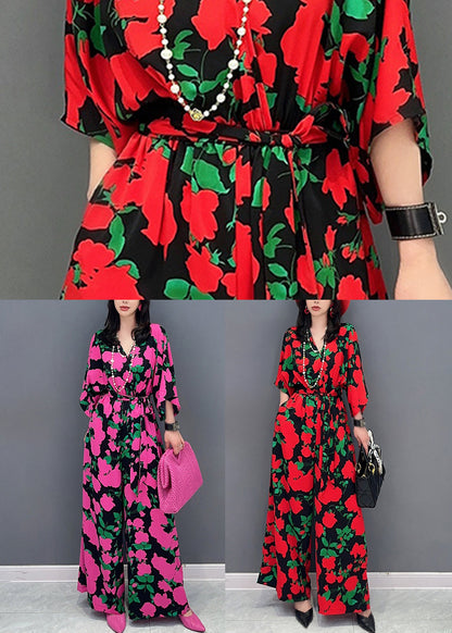 Rose V Neck Print Chiffon Overalls Jumpsuit Summer