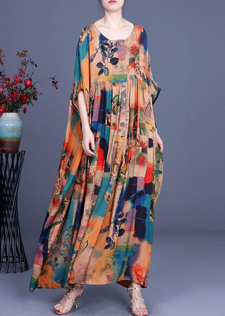 French Orange Print Button Batwing Sleeve Chiffon Summer Maxi Dresses