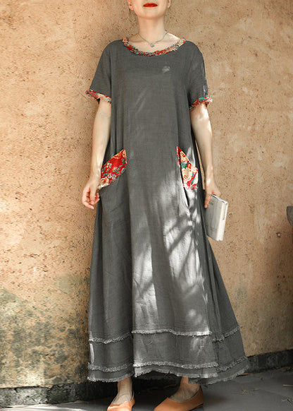 Grey O-neck Pocket Patchwork Linen Ankle Dress Short Sleeve