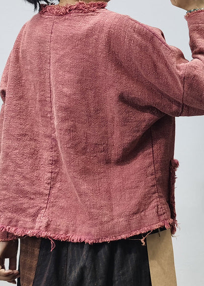 Unique Red O-neck Patchwork Linen Pullover Long Sleeve